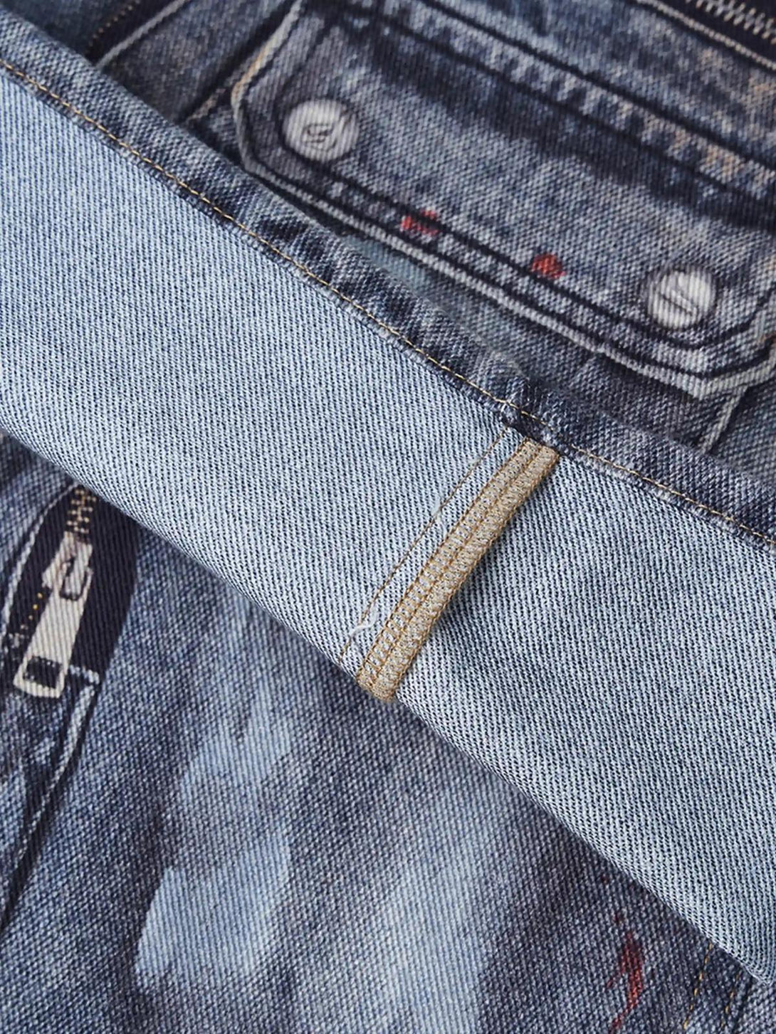 Intricate look at TALISHKO's multi-pocket overalls jeans, highlighting unique fabric stitching.