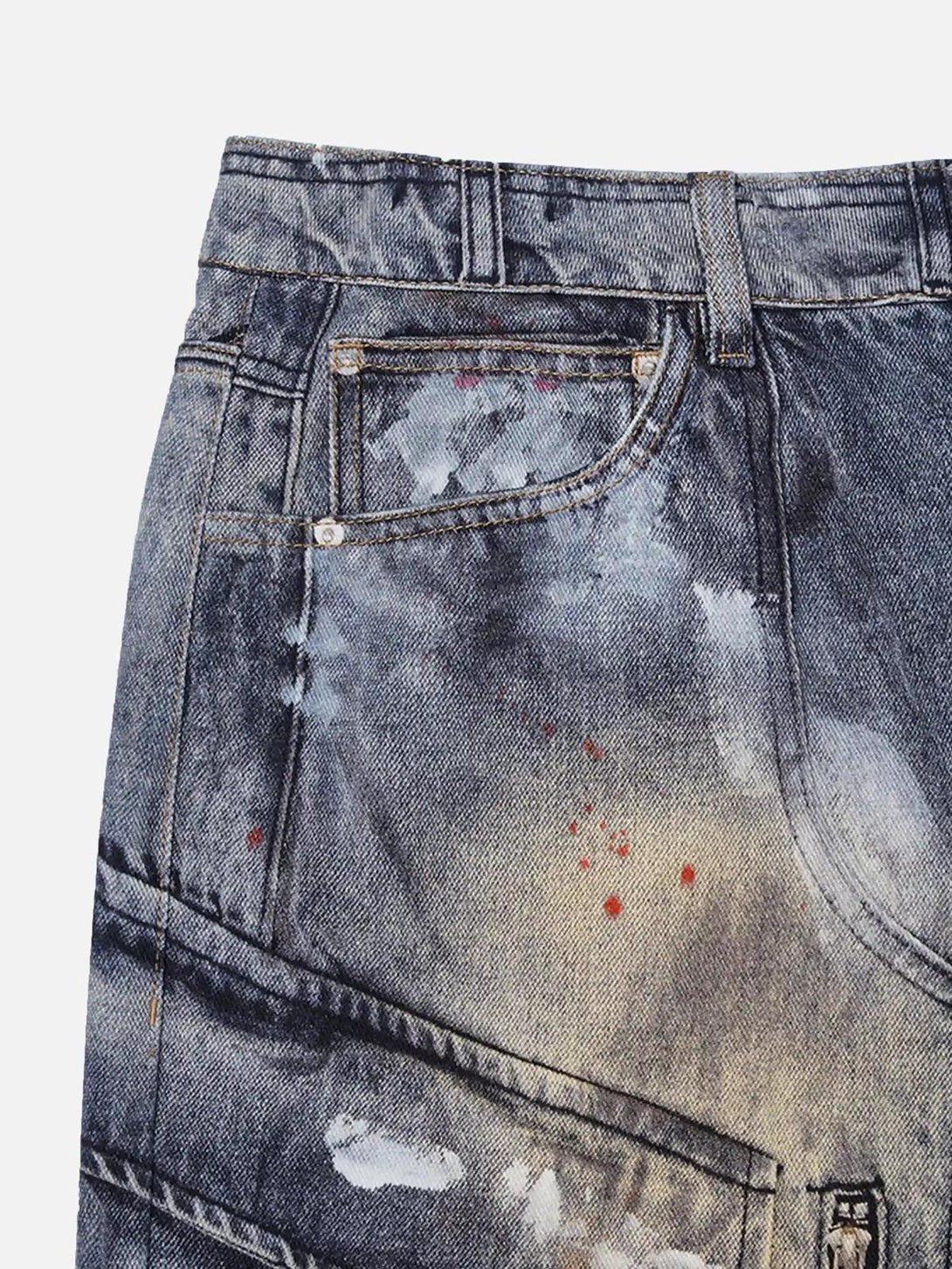 Intricate look at TALISHKO's multi-pocket overalls jeans featuring distressed fabric details.