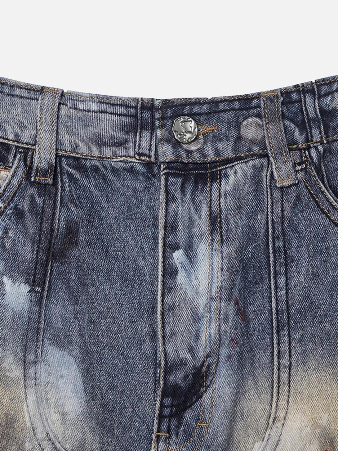 A detailed view of TALISHKO's multi-pocket overalls jeans highlighting the distressed texture.