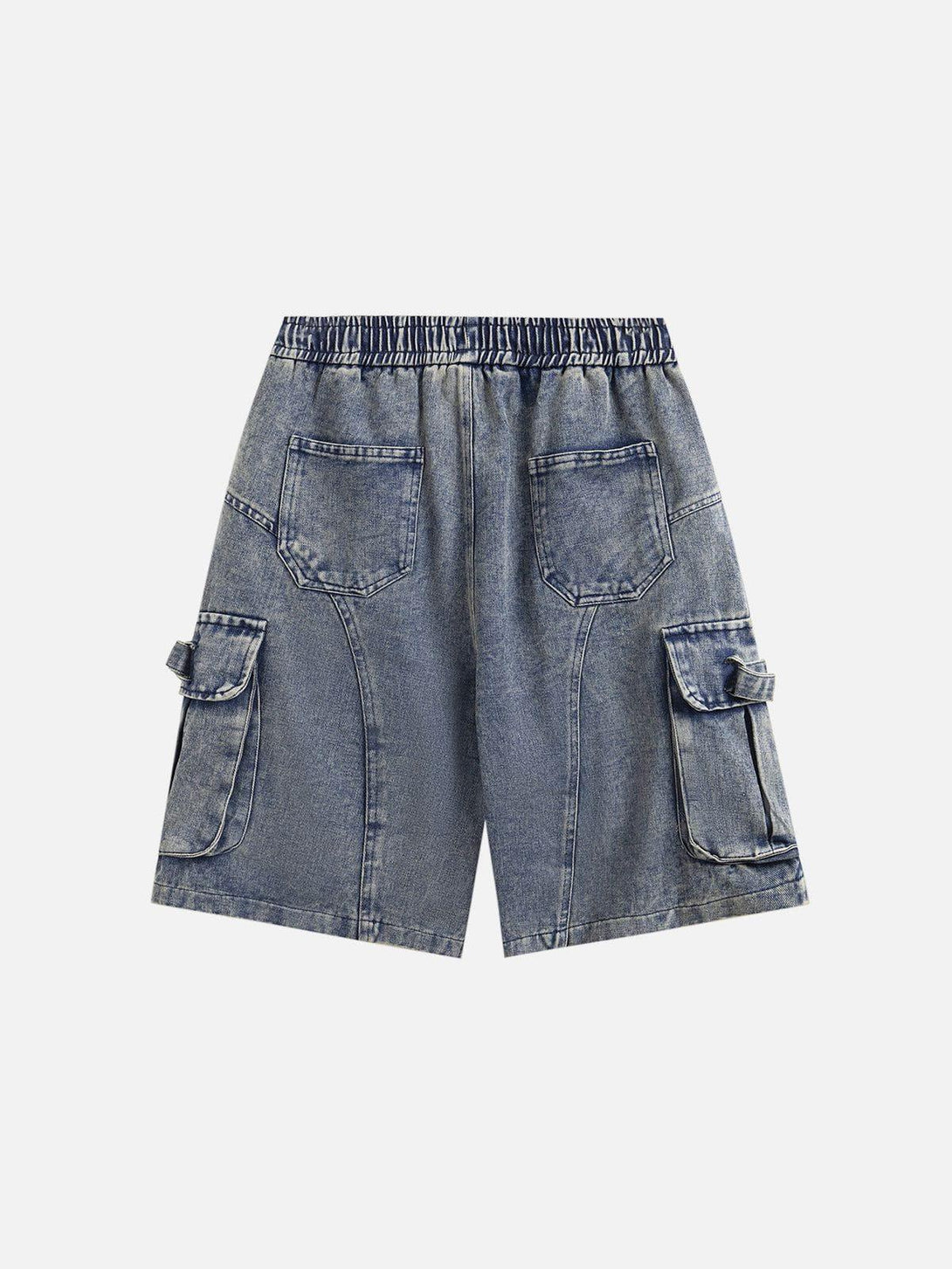 Back view of blue multi-pocket drawstring jorts by TALISHKO, offering a relaxed summer style.