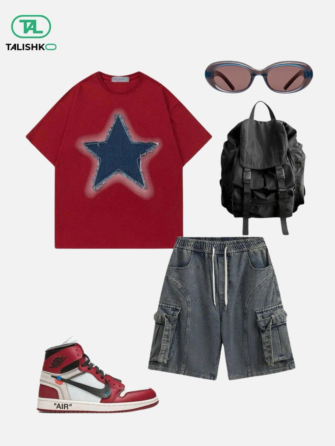 Casual ensemble featuring red star tee, drawstring jorts, sleek sneakers, and chic sunglasses by TALISHKO.
