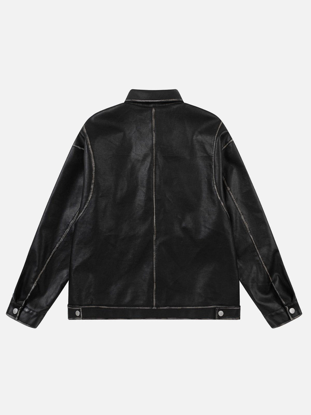 Back view of a black faux leather jacket highlighting the sleek design by TALISHKO.