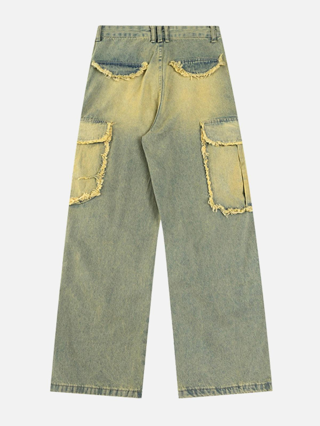 Back view of multi-pocket fringe washed jeans by TALISHKO, showcasing unique distressed details.