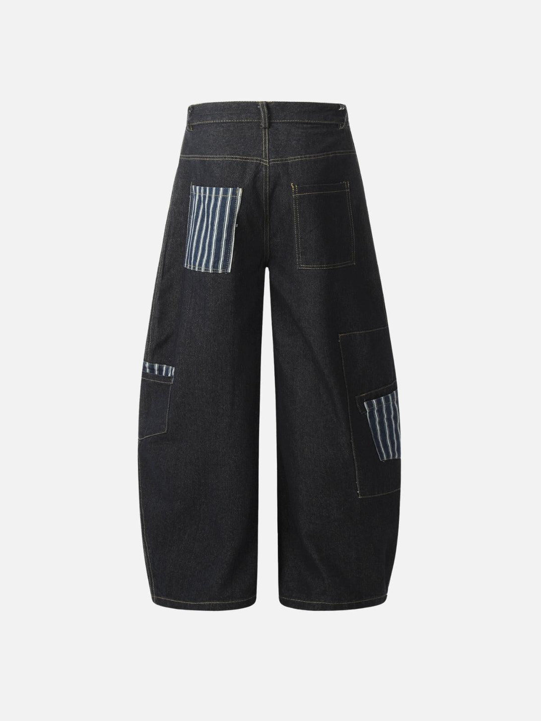 Back view of TALISHKO loose barrel jeans featuring unique striped multi-pocket accents.