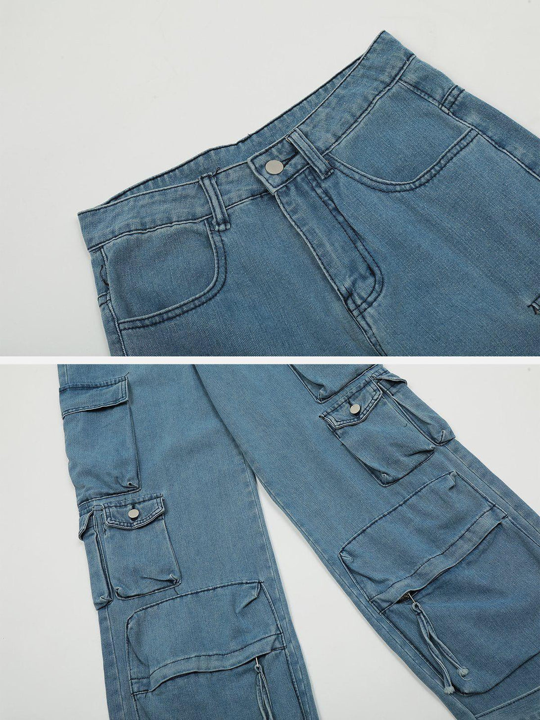 TALISHKO cargo jeans detail, showcasing multiple pockets and relaxed denim texture.