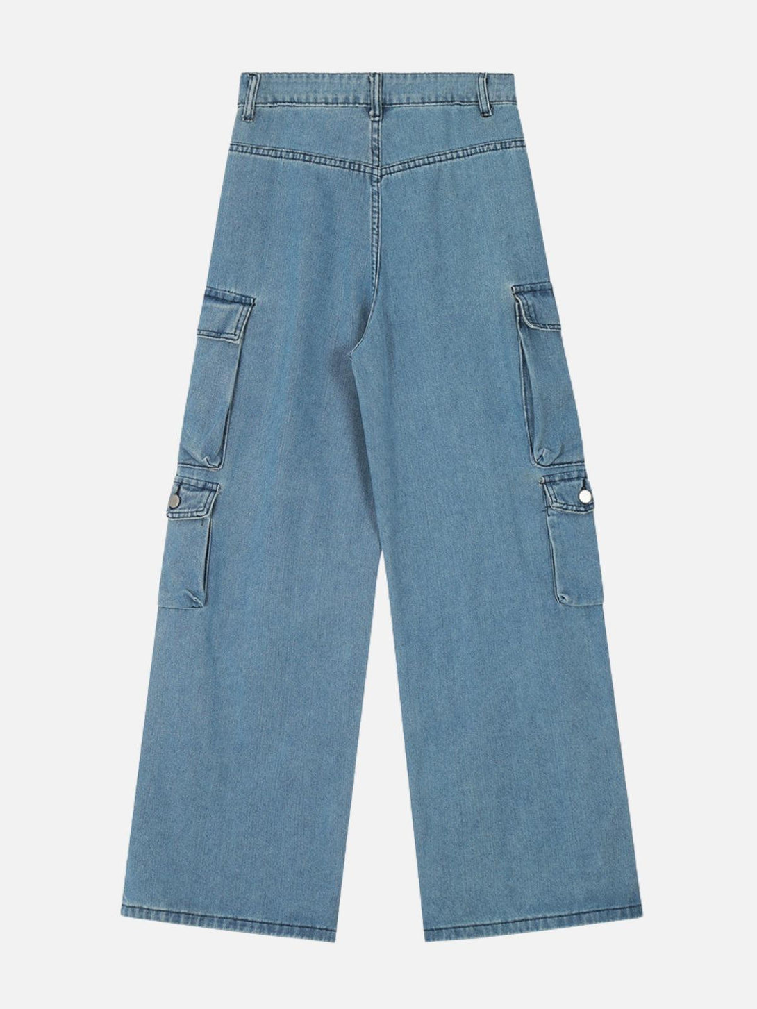 TALISHKO cargo jeans with multi-pocket design in light wash, highlighting relaxed style.