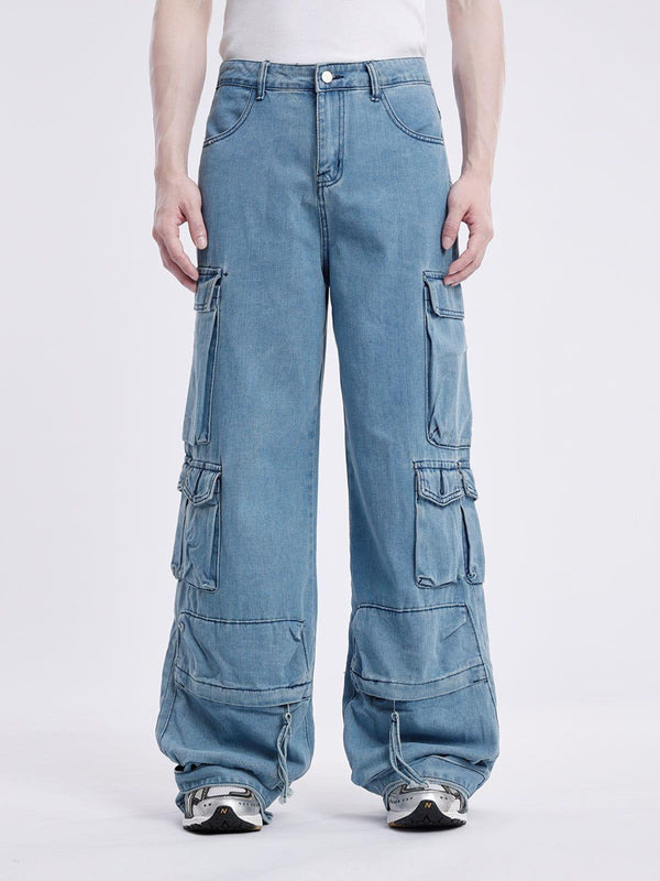 TALISHKO multi-pocket loose cargo jeans in light wash, showcasing a relaxed fit and casual style.