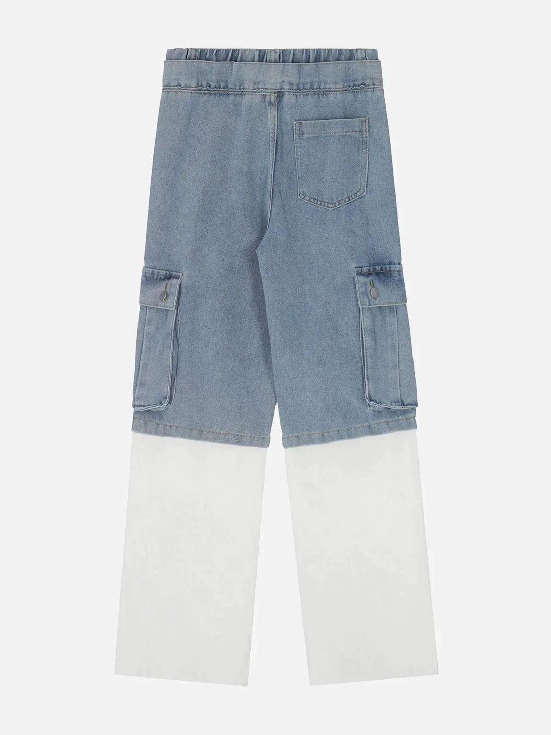 Back view of TALISHKO multi-pocket patchwork jeans featuring unique white panel accents.