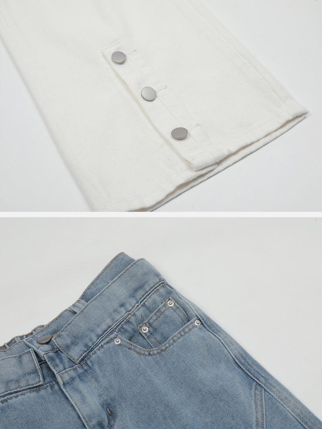 A detailed look at TALISHKO jeans showcasing button accents and pocket design in denim and white.