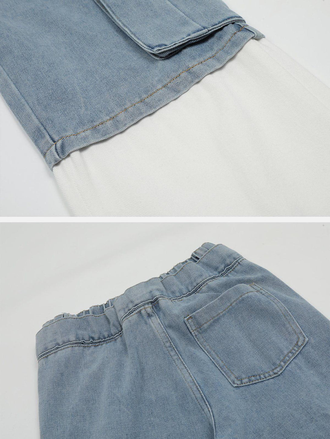 Elastic waistband and hem detail of TALISHKO patchwork jeans, highlighting denim and white mix.