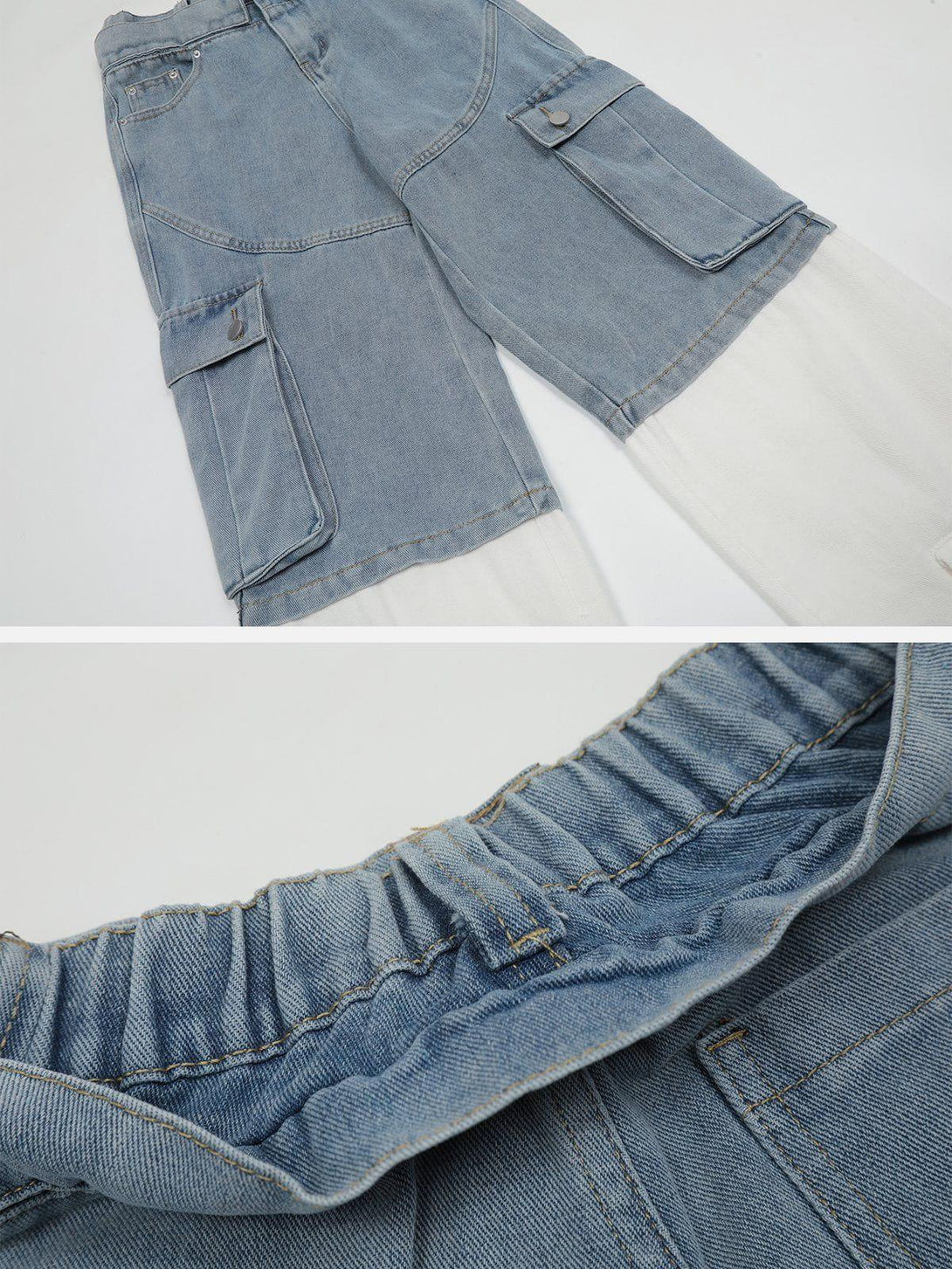 Elastic waistband and pocket detail of TALISHKO patchwork jeans, blending denim and white fabric.