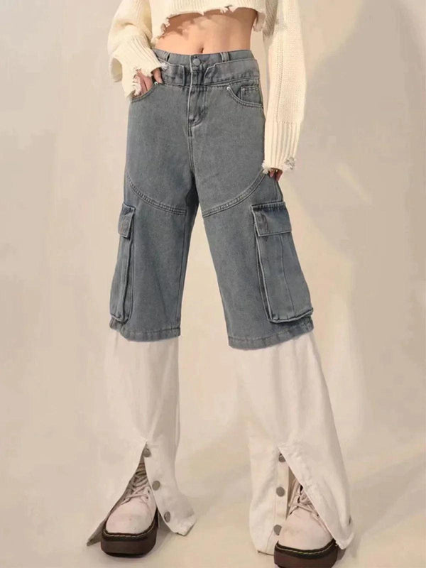 TALISHKO jeans with multi-pocket patchwork, styled with a chic cropped sweater for a trendy look.