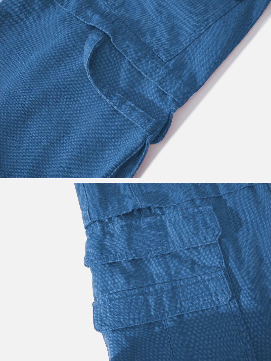 Intricate look at TALISHKO's blue patchwork jeans, highlighting multi-pocket design details.