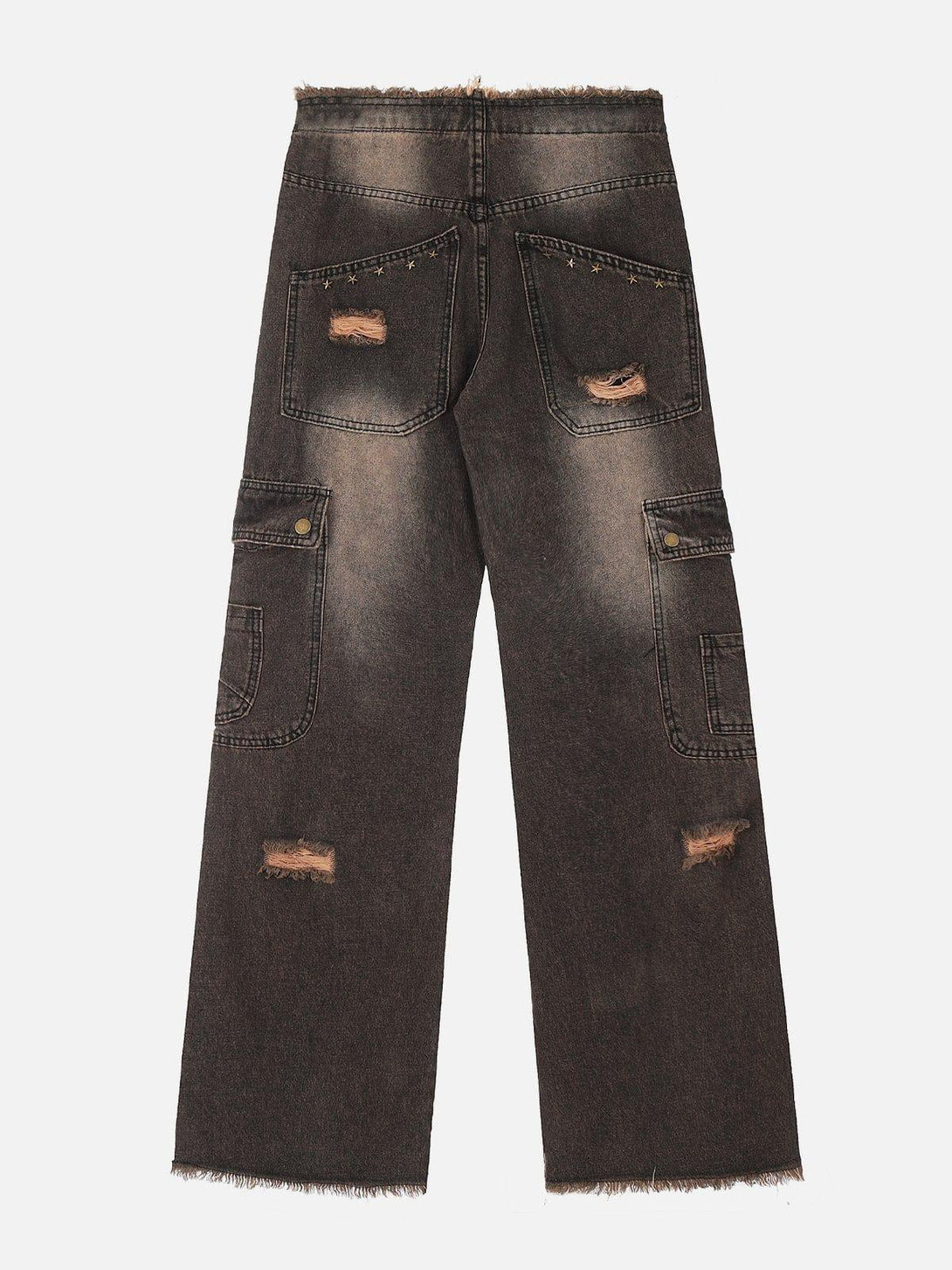 Back view of TALISHKO multi-pocket jeans with raw edges, featuring distressed details.