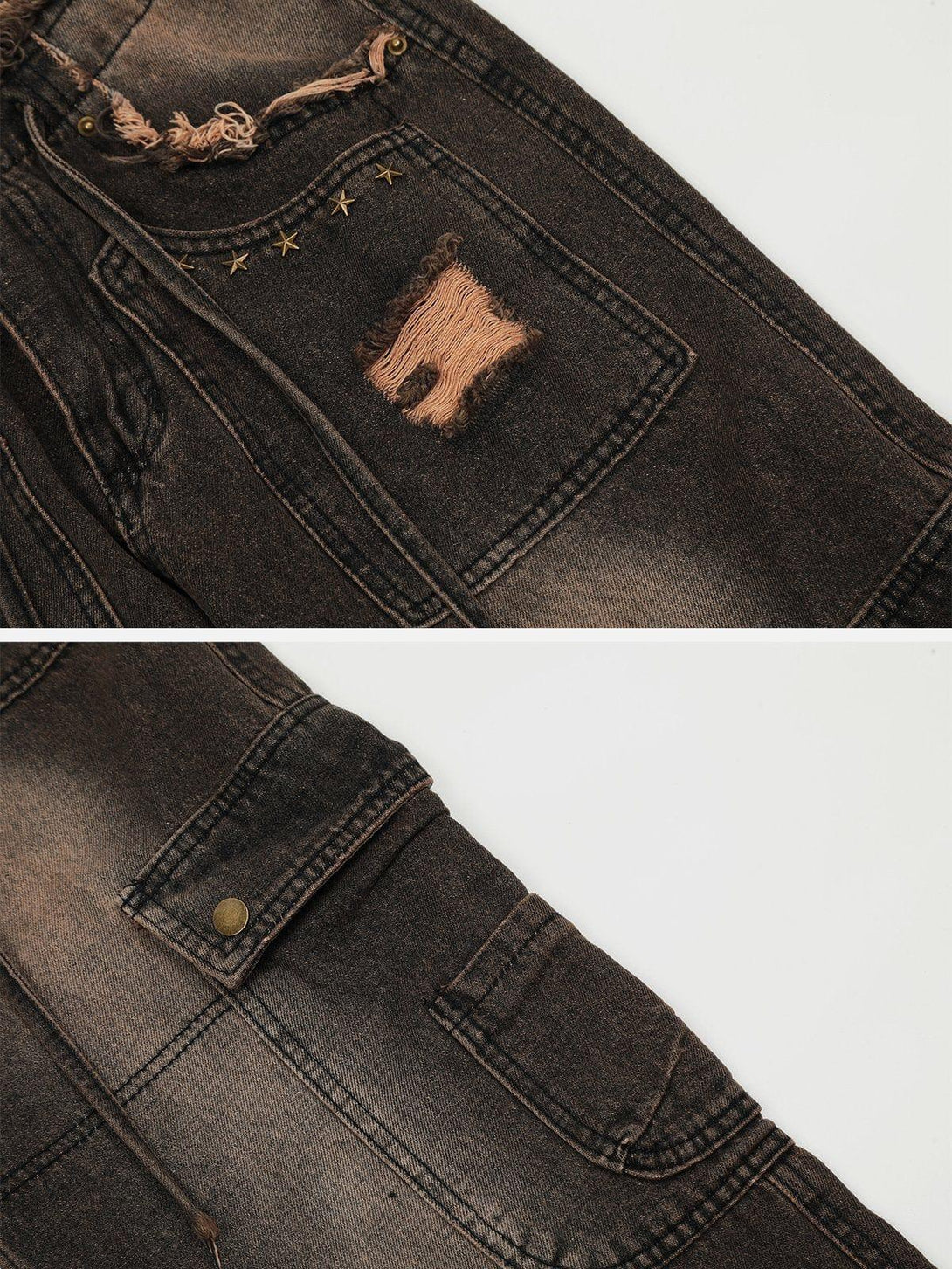 Intricate look at TALISHKO multi-pocket jeans, highlighting raw edges and star embellishments.