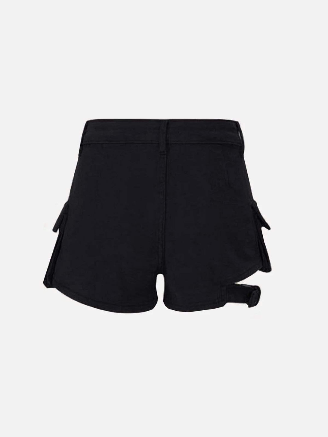 Back view of black multi-pocket strappy shorts by TALISHKO, ideal for casual summer days.