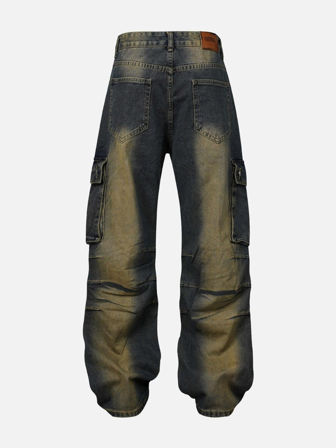 Back view of TALISHKO multi-pocket washed cargo jeans, highlighting their rugged design.
