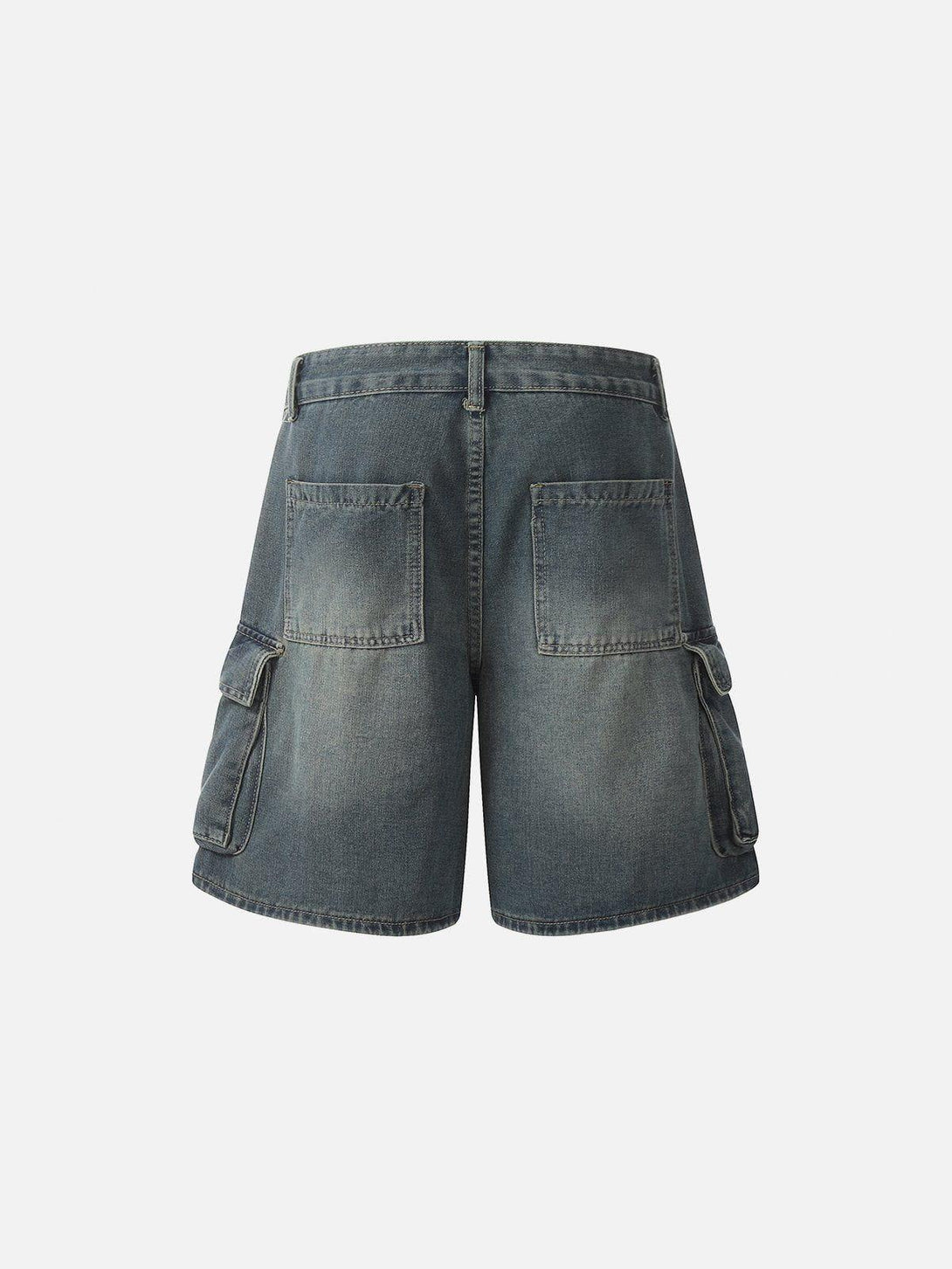 Back view of TALISHKO multi-pocket washed jorts, highlighting casual denim style.
