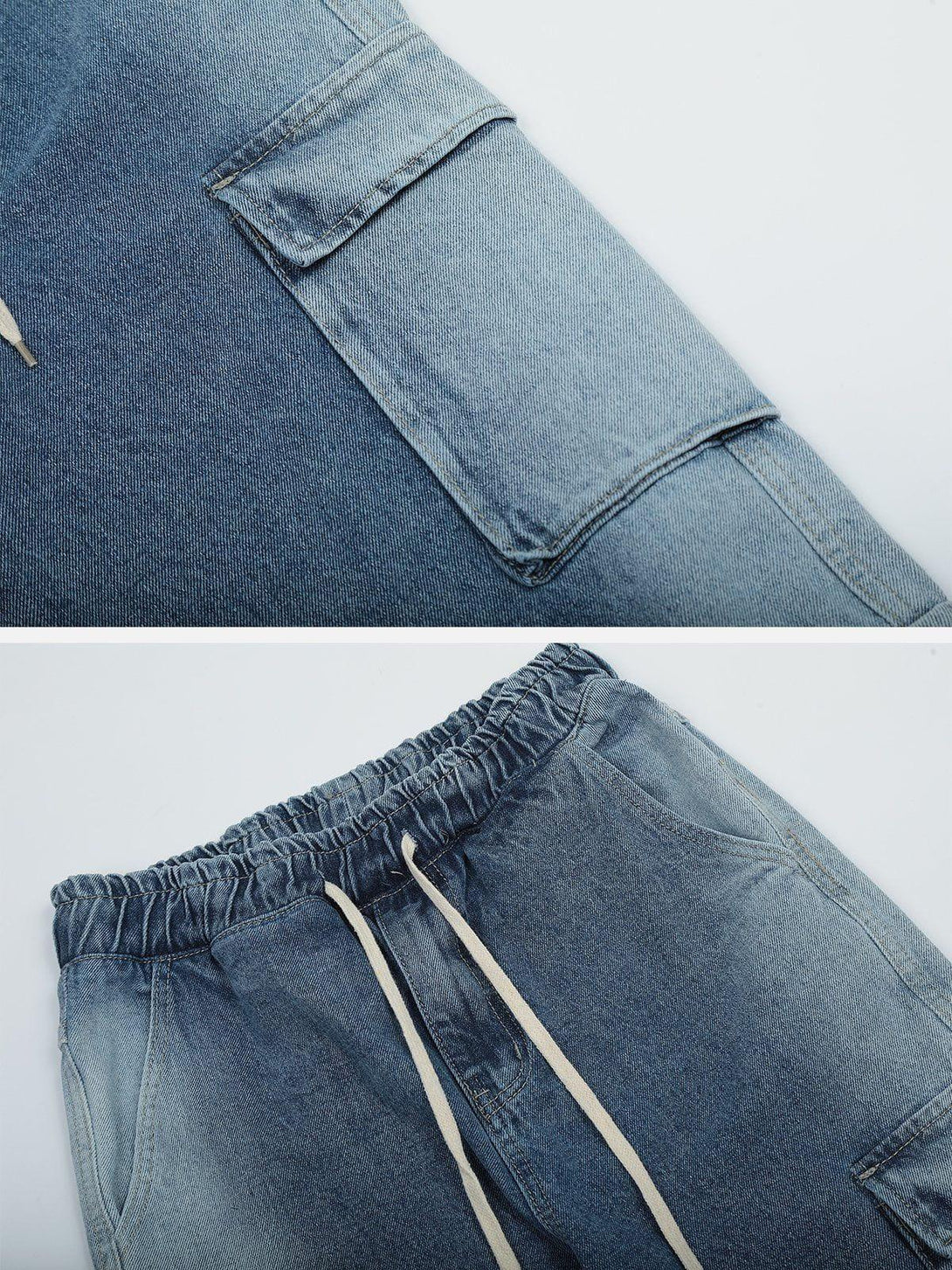 Intricate look at TALISHKO's multi-pocket water-washed jeans, highlighting the pocket detail and texture.