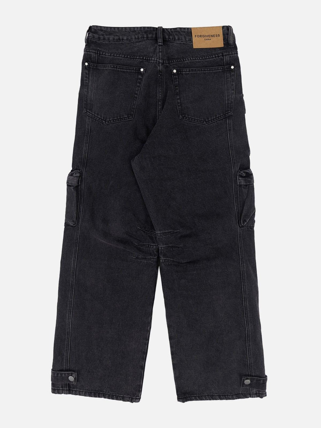 Back view of black wide-leg multi-pocket jeans by TALISHKO, ideal for casual streetwear.