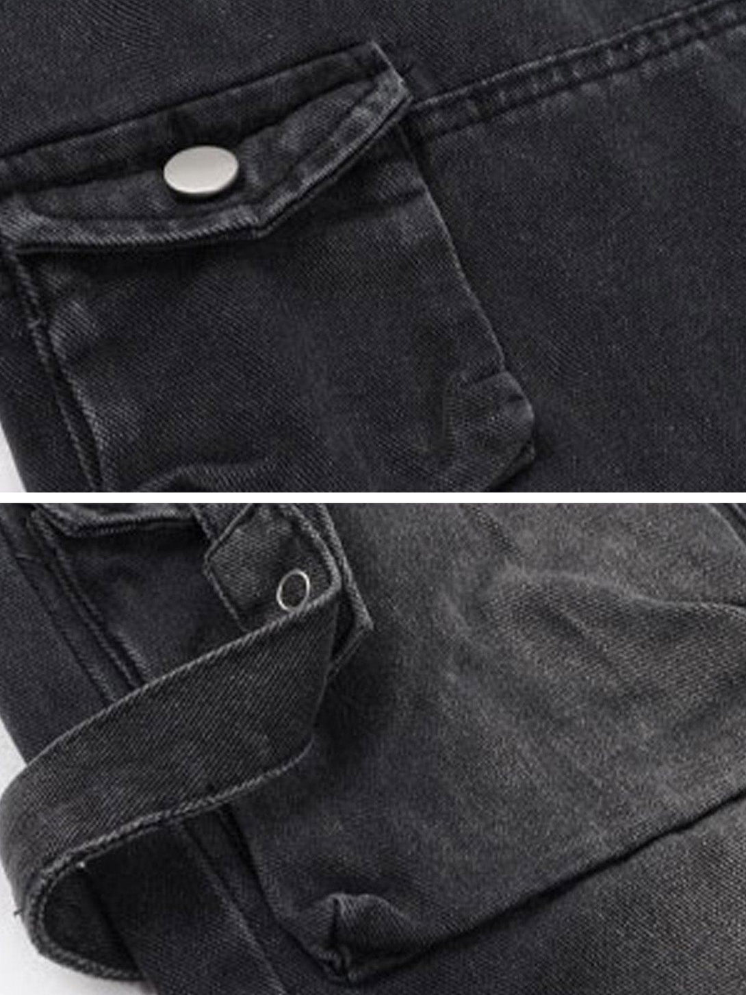 A detailed view of TALISHKO multi-pocket workwear jeans, highlighting sturdy strap and pocket design.