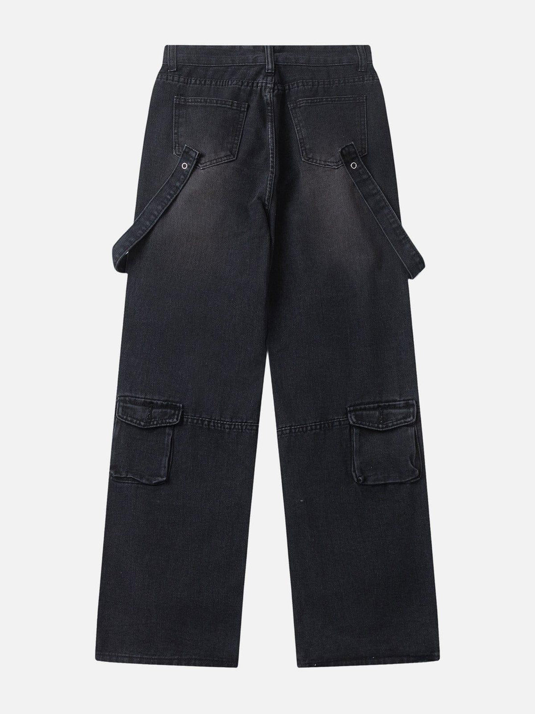 Back view of TALISHKO multi-pocket workwear jeans in black, showcasing practical strap accents.