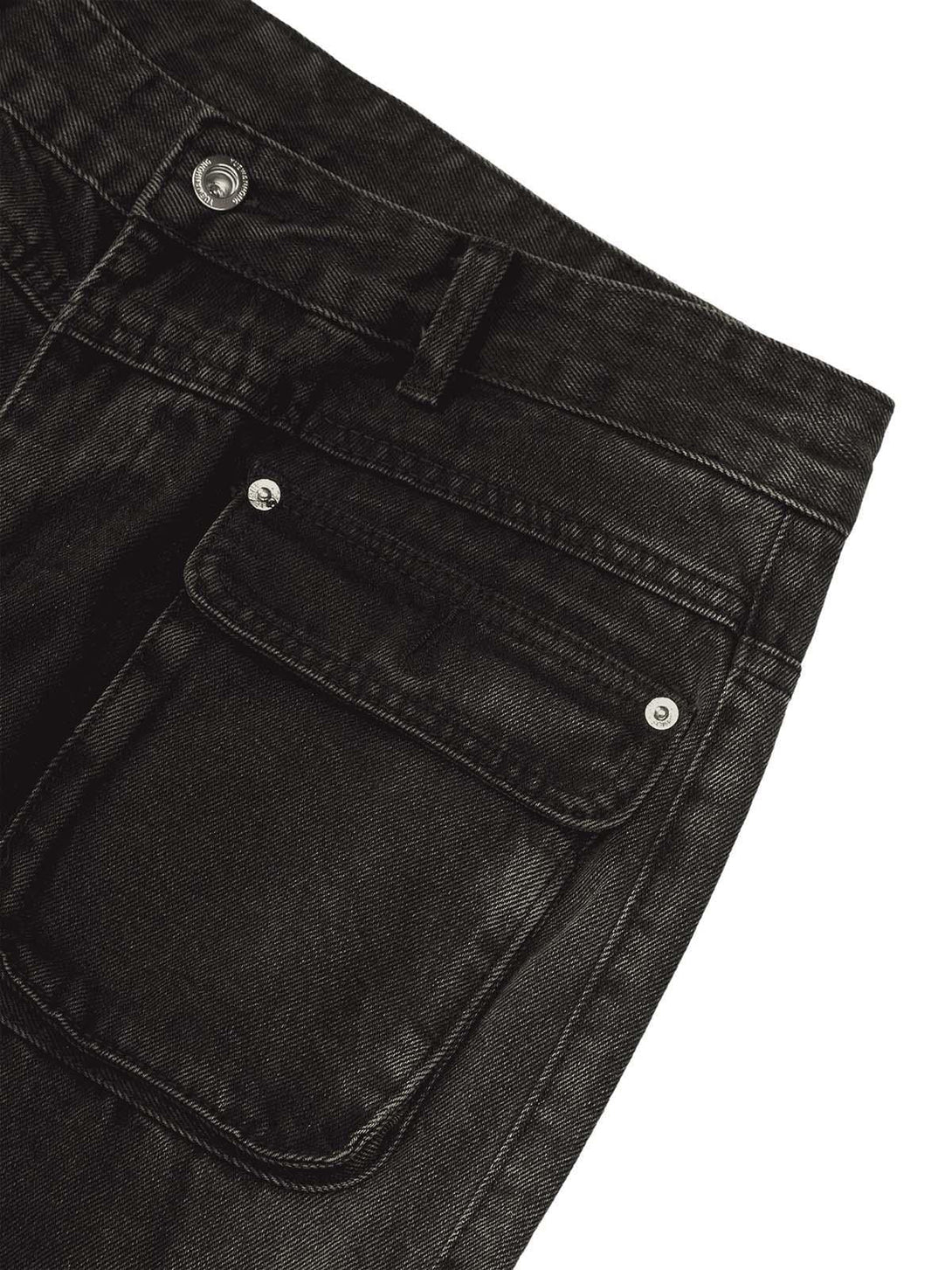 Detailed view of TALISHKO's hip-hop jeans, showcasing multi-pocket zipper design and texture.
