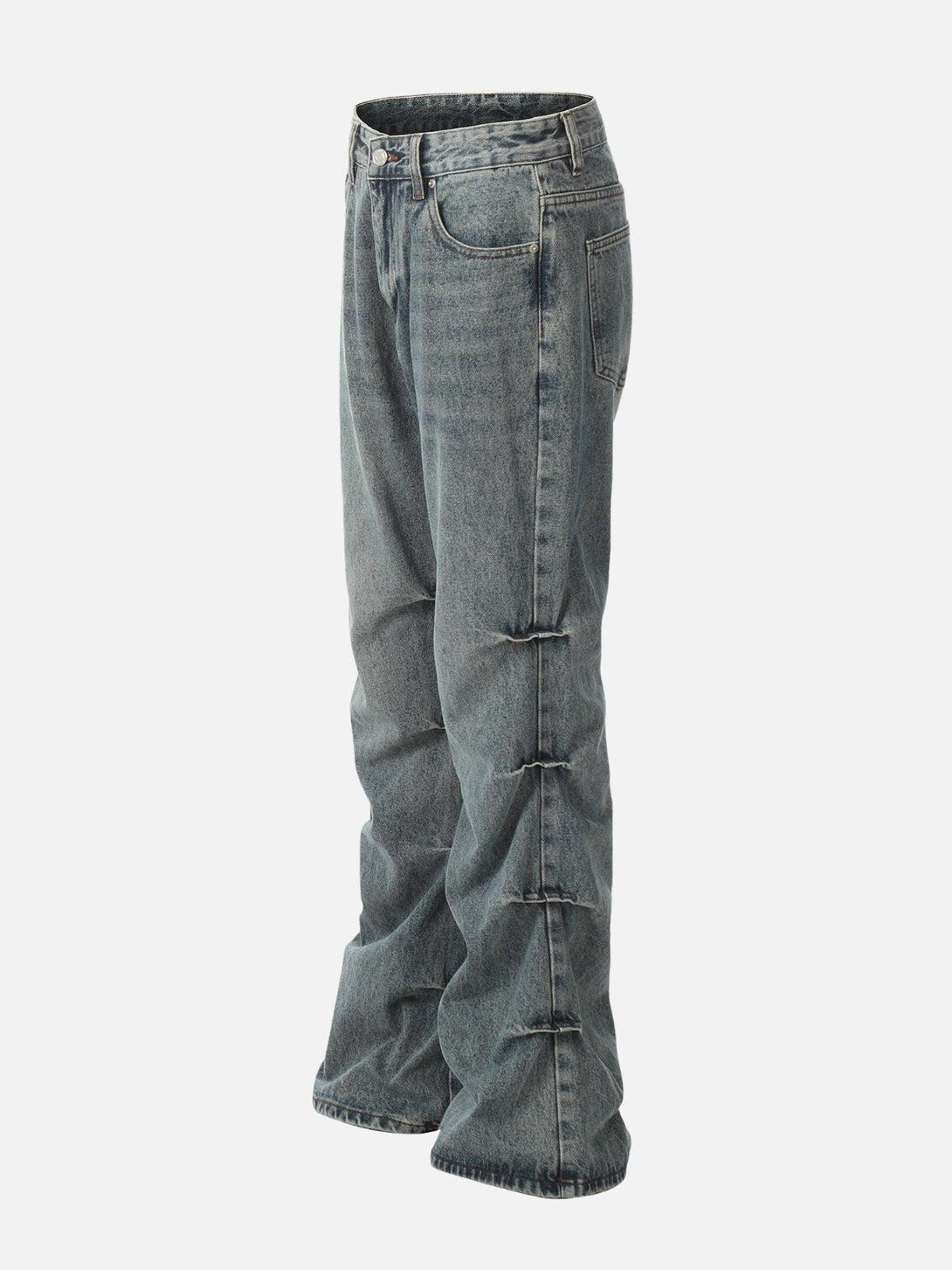 Side view of wrinkle-washed jeans by TALISHKO, featuring unique seam detailing for a trendy look.
