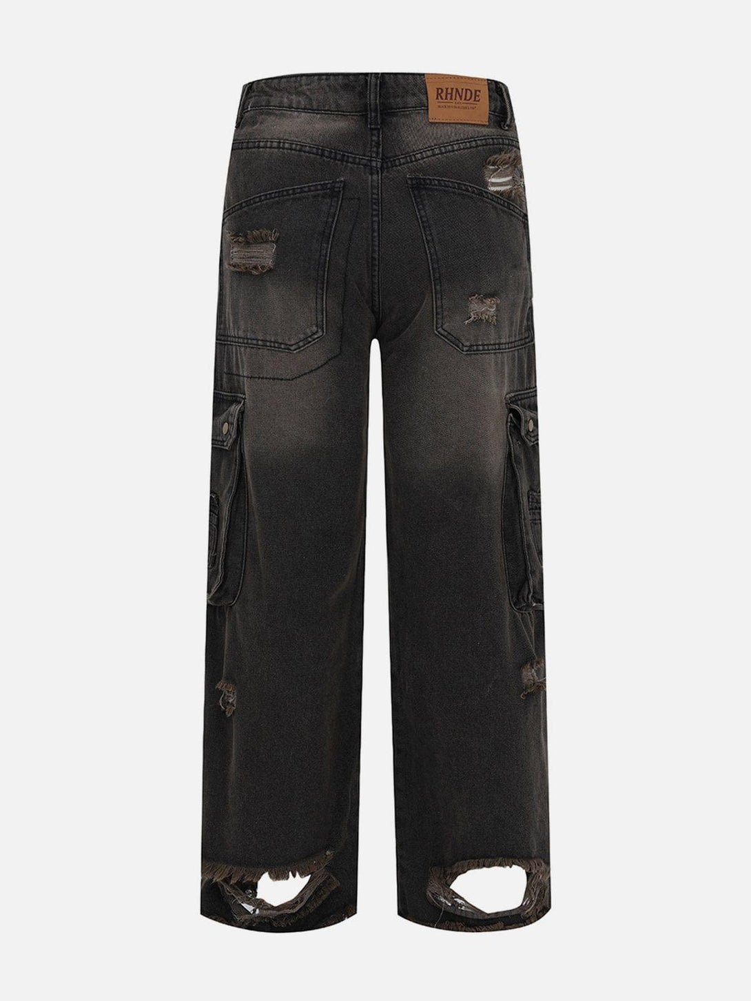 Back view of distressed black jeans with multiple pockets, showcasing rugged style by TALISHKO.