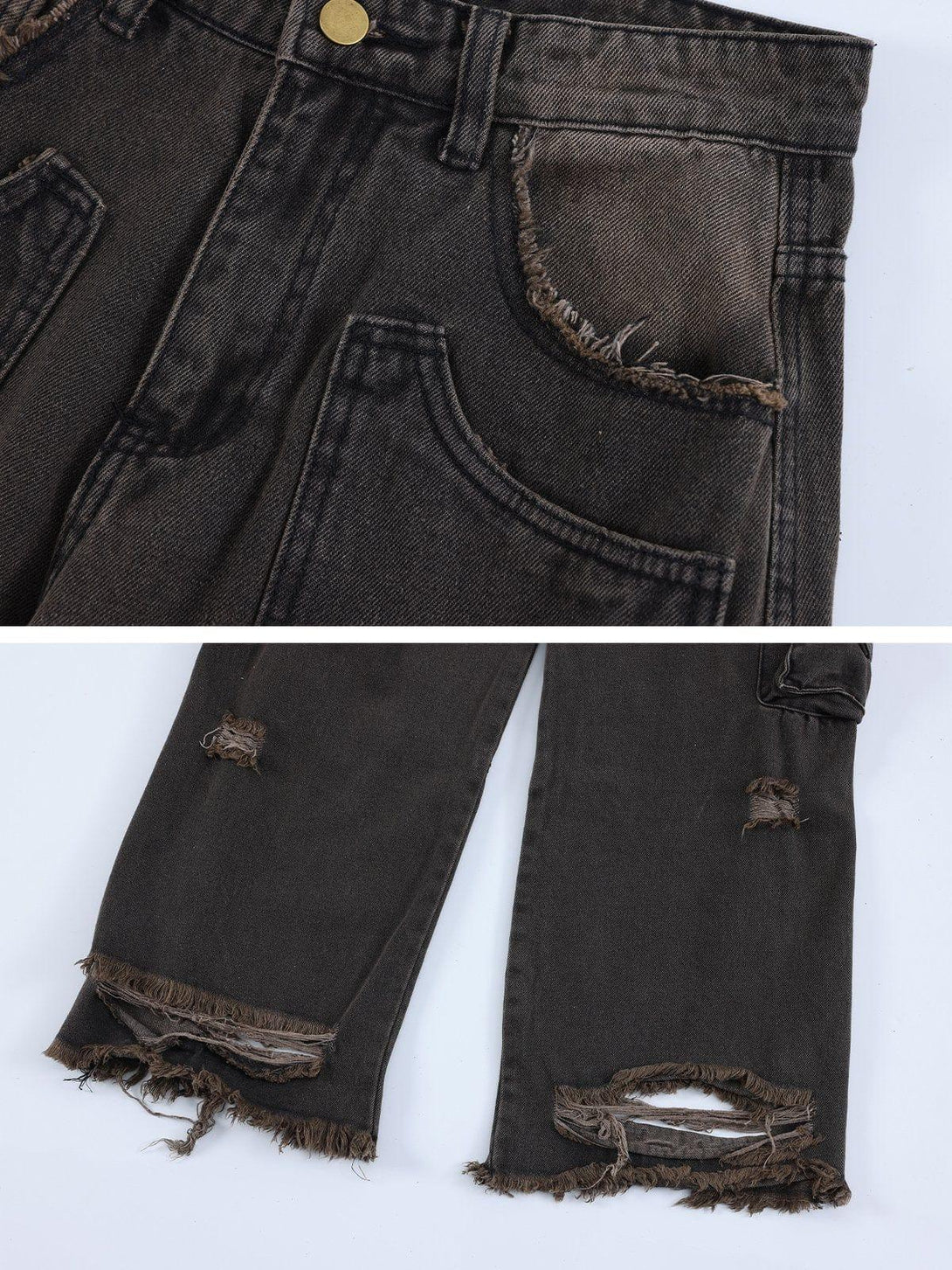 A detailed look at TALISHKO's black ripped jeans, highlighting distressed fabric and multiple pockets.