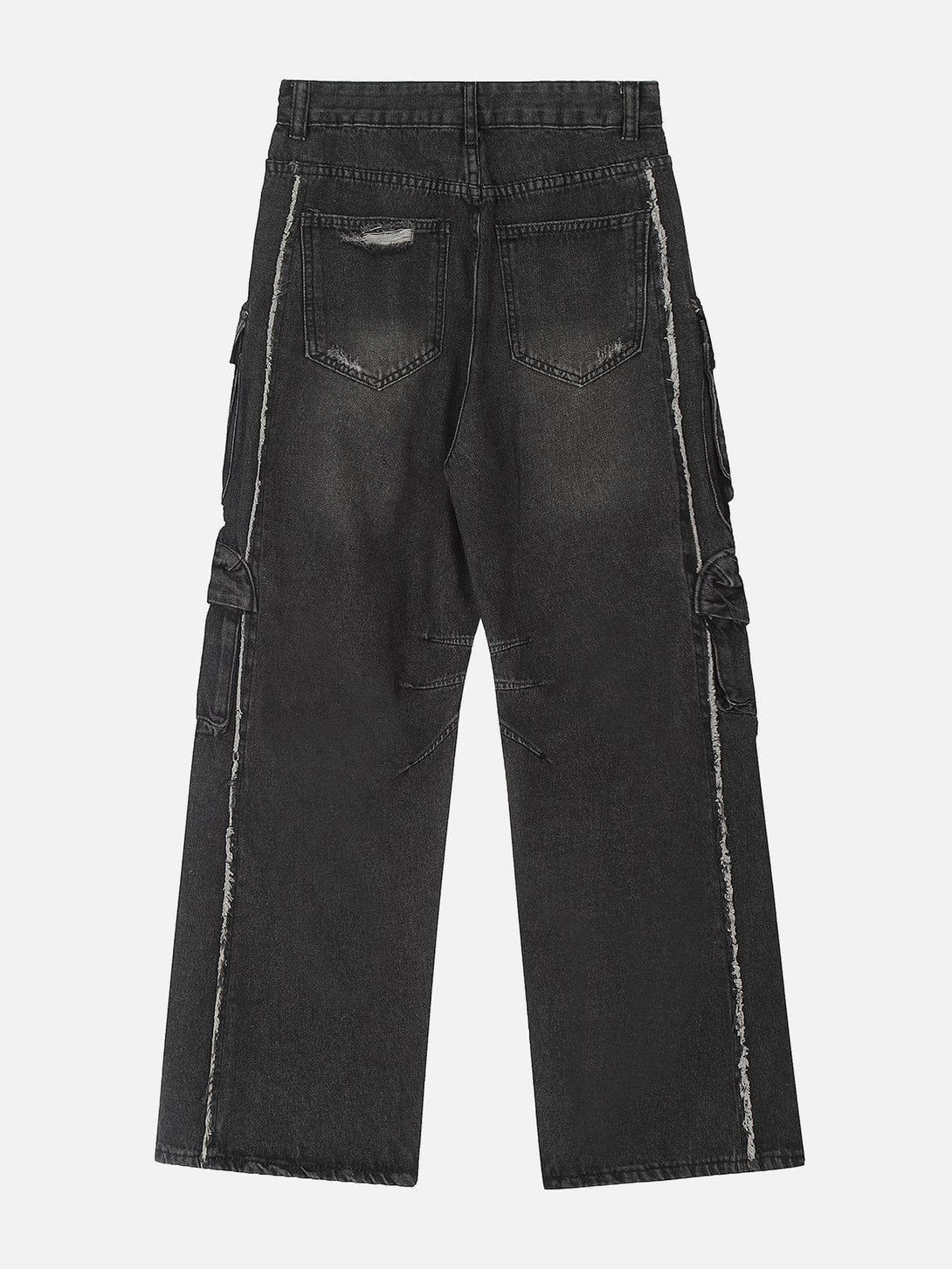 Back view of black washable jeans by TALISHKO, showcasing multiple pockets and raw edges.