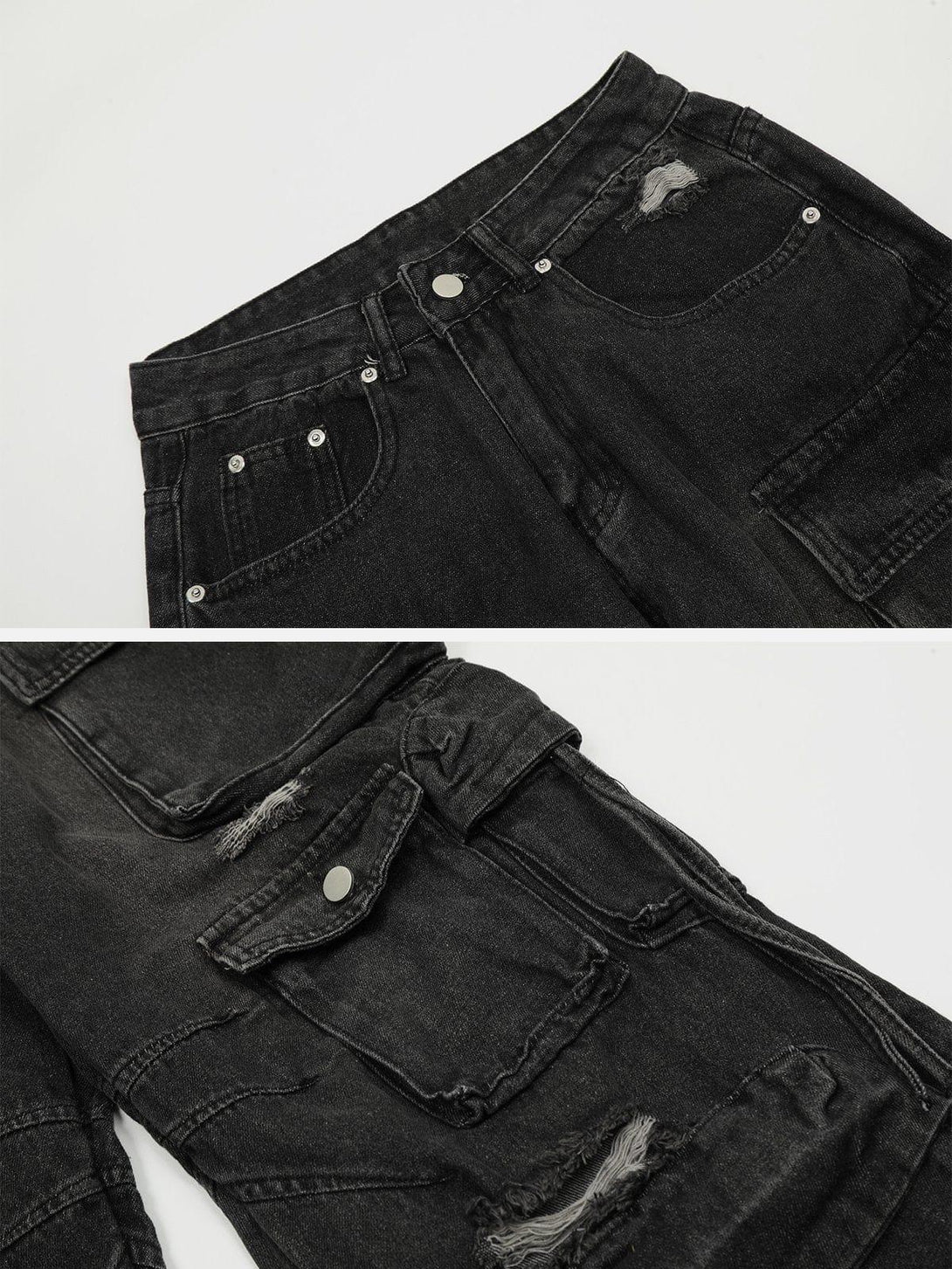 Focusing on TALISHKO jeans' distressed black fabric and multiple pocket details.