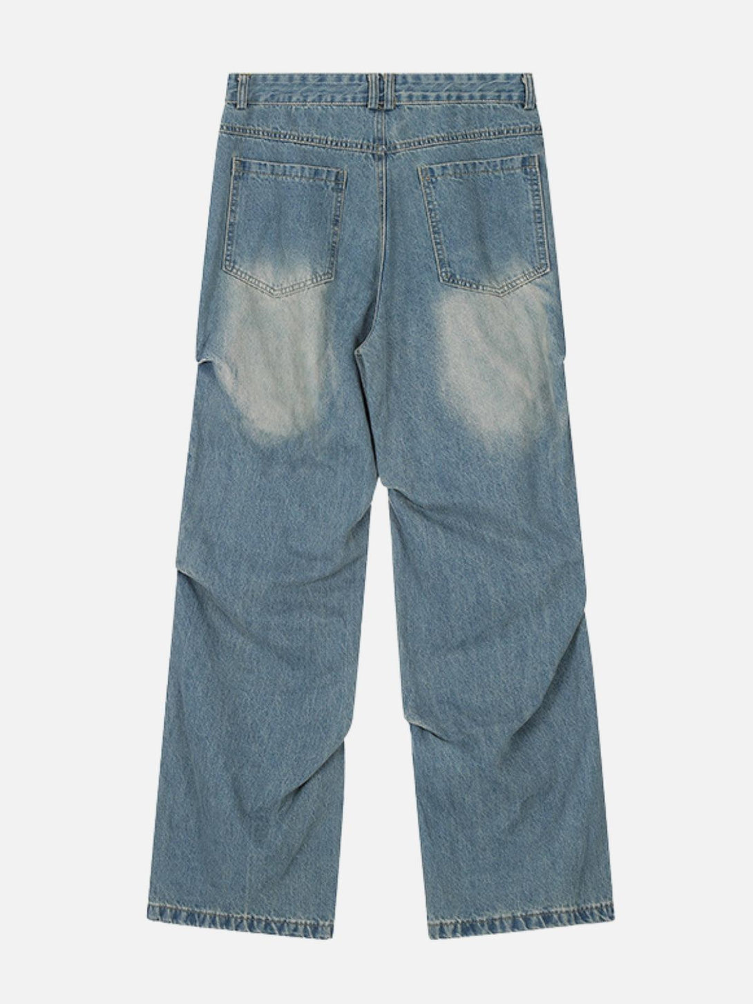 Back view of TALISHKO jeans showcasing a unique wrinkle design and relaxed fit.