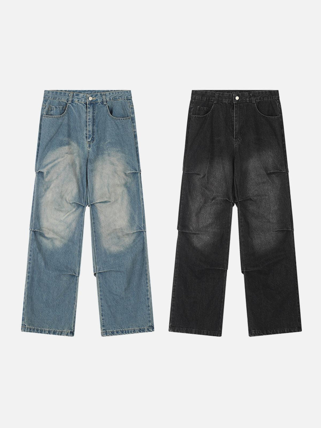 Front view of TALISHKO multiple wrinkle jeans in blue and black, showcasing a relaxed fit.