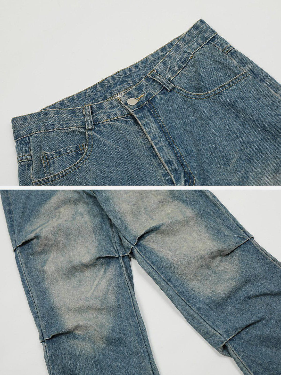 Detailed fabric and stitching of TALISHKO's multiple wrinkle jeans, highlighting unique texture.