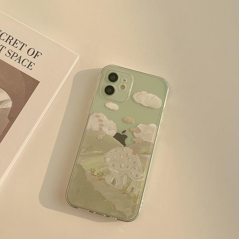 Whimsical mushroom scene on TALISHKO iPhone case with subtle green hues, back view.