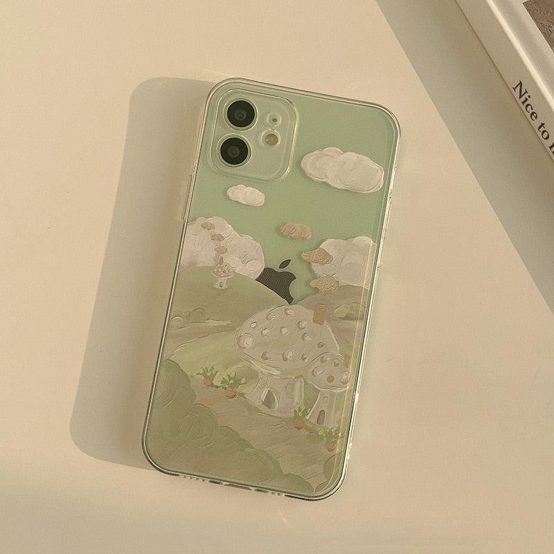Whimsical mushroom landscape design on TALISHKO iPhone case, highlighting soft pastel tones.