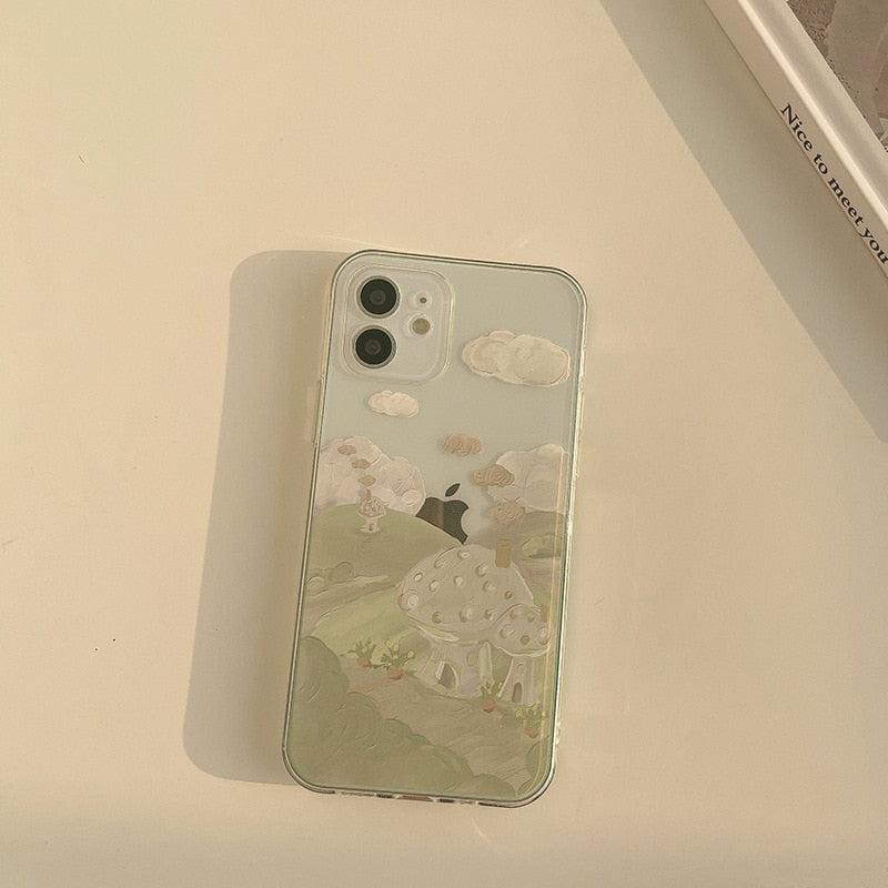 TALISHKO iPhone case featuring a whimsical mushroom landscape design, showcasing the back view.
