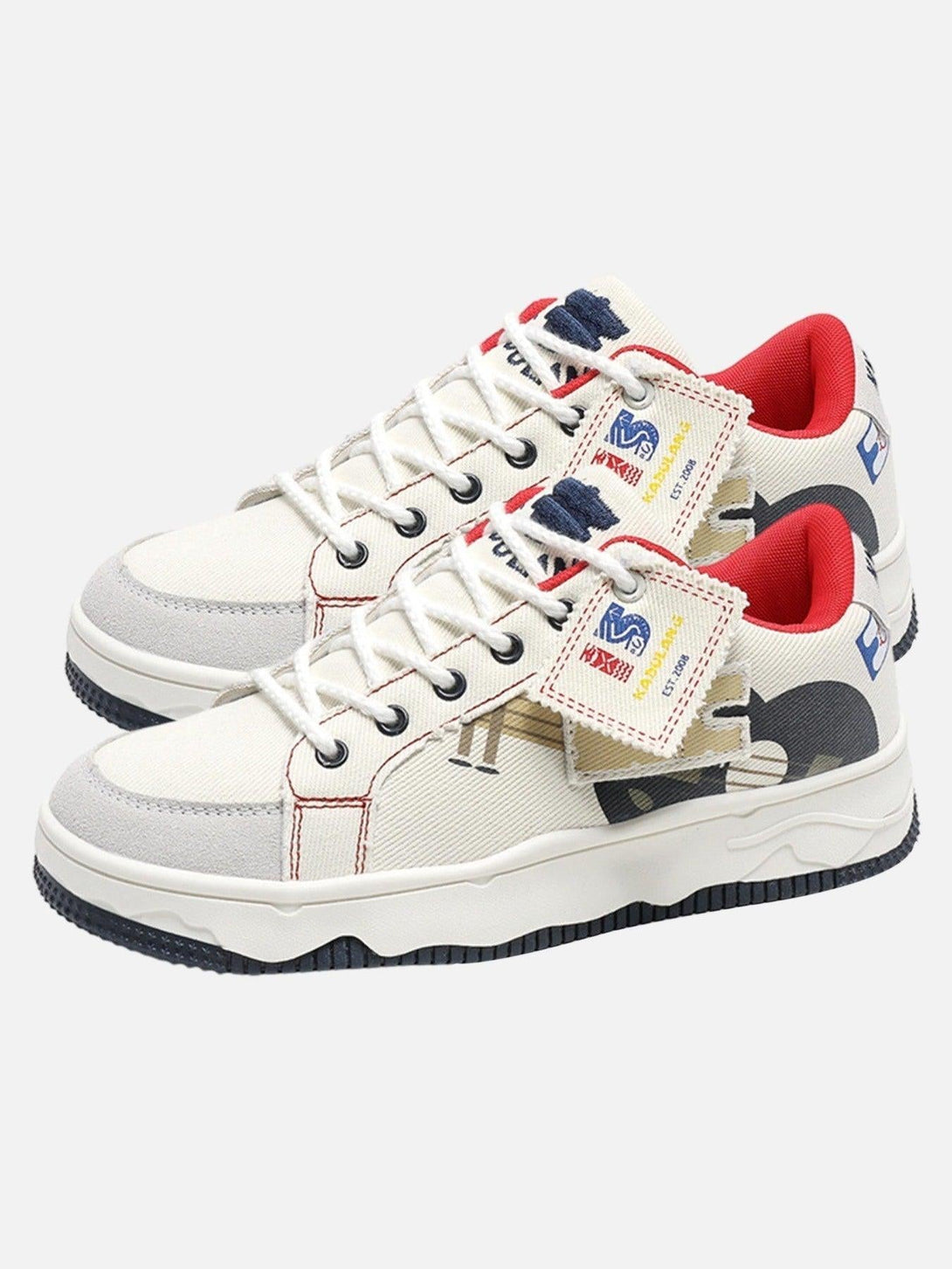 Stylish canvas shoes by TALISHKO with red accents and unique graphic details, perfect for casual wear.