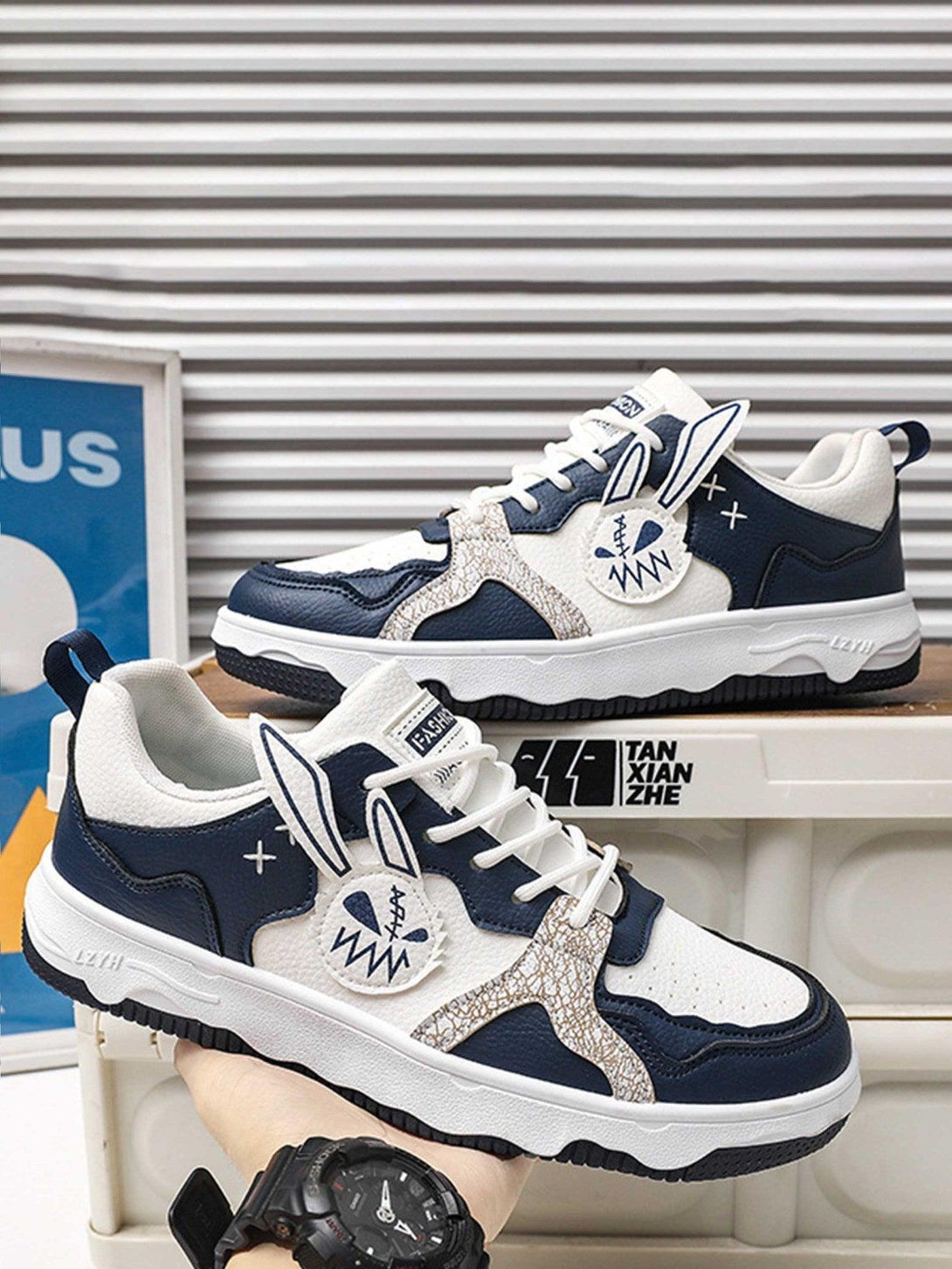 TALISHKO board shoes with playful bunny design, featuring navy and white tones for a trendy look.