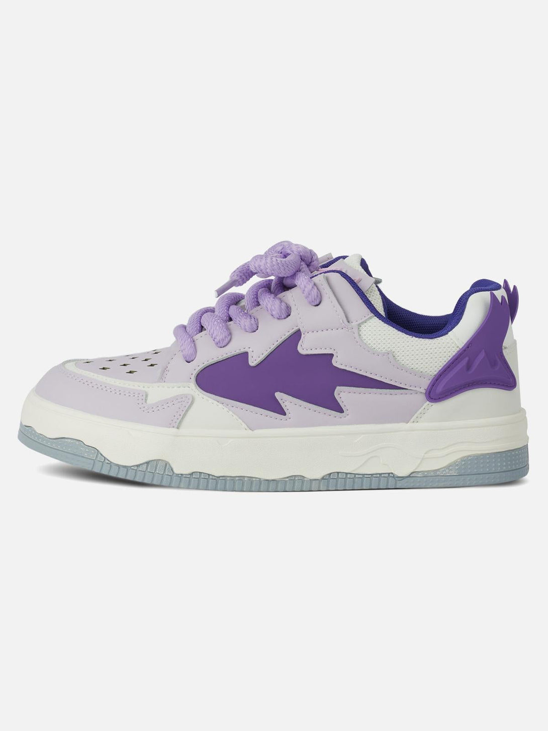 Side view of TALISHKO retro board shoes in purple, showcasing unique design elements.