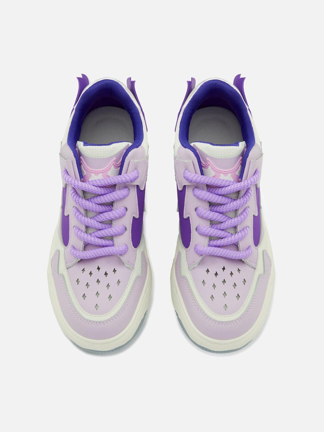 Top view of TALISHKO retro board shoes in purple, highlighting vibrant laces and unique design.