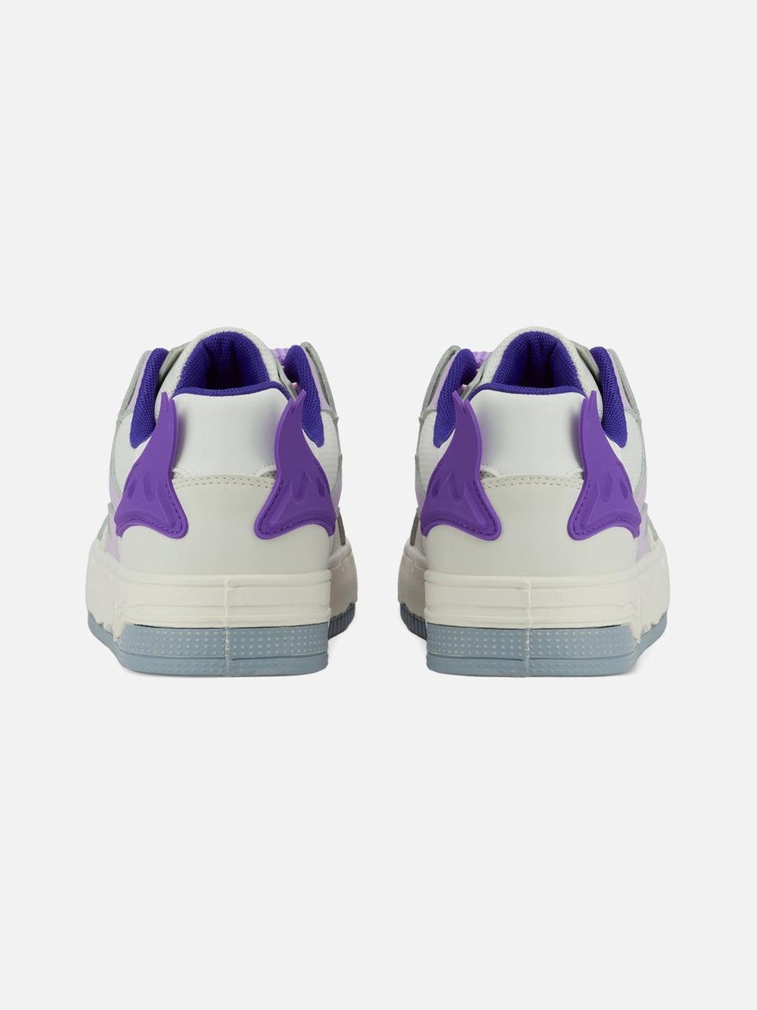 Rear view of TALISHKO retro board shoes, featuring striking purple heel accents.