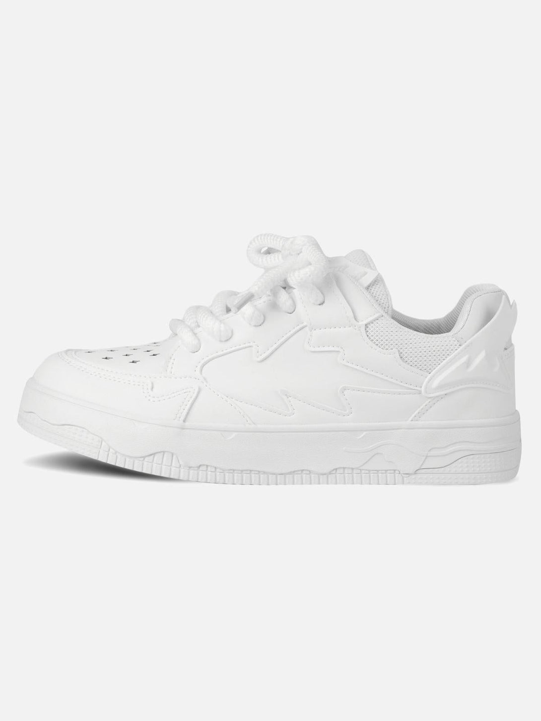 Side view of white TALISHKO retro board shoes, featuring unique patterns and sturdy sole.