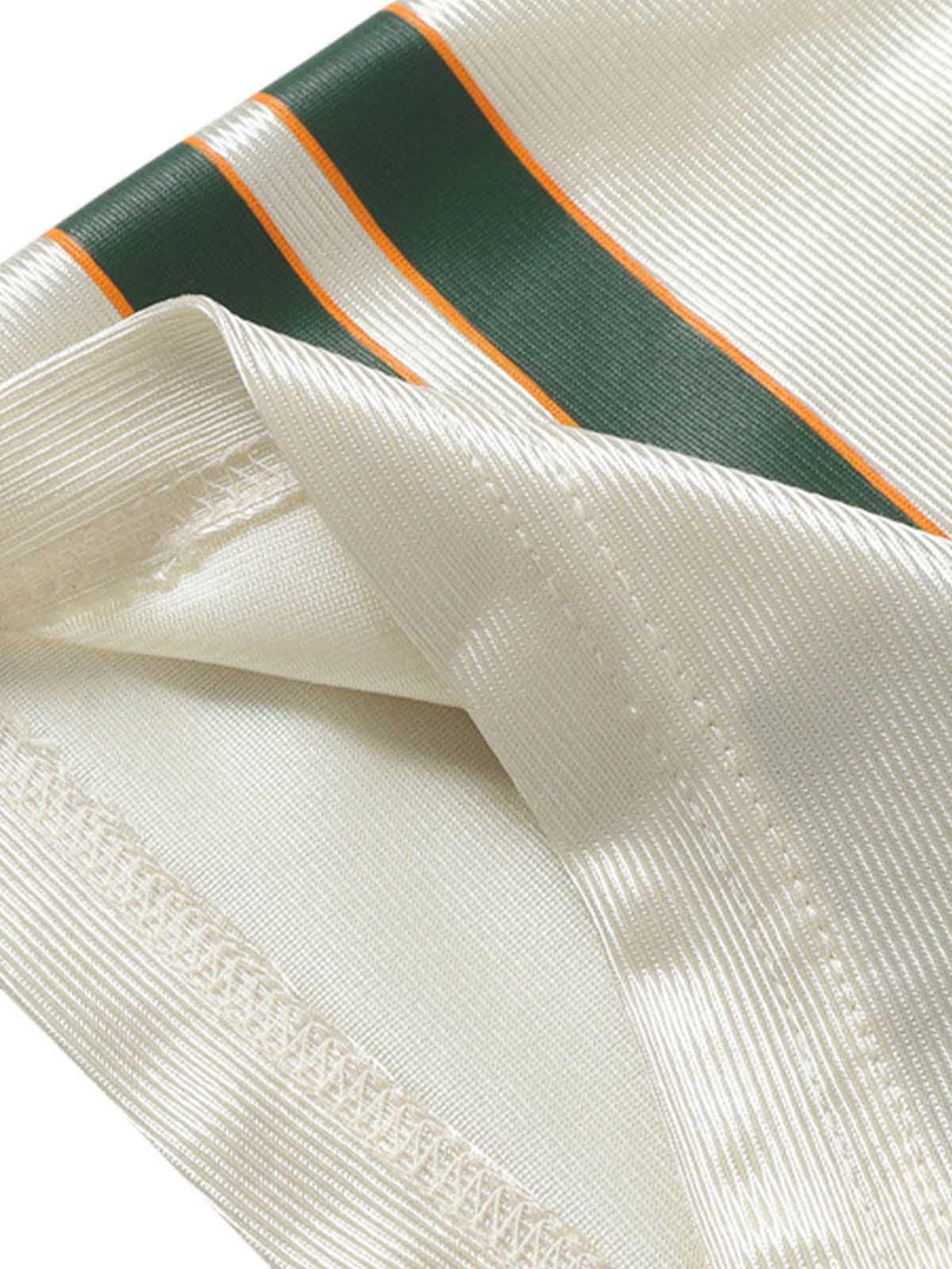 Detailed fabric and stitching of TALISHKO sports jersey T-shirt, showcasing green and orange stripes.