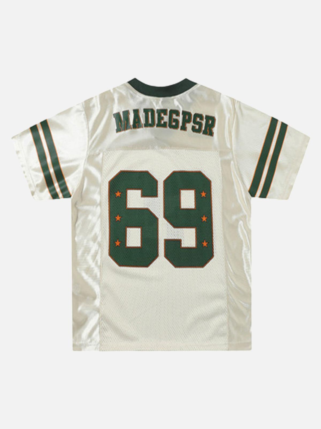 Back view of TALISHKO sports jersey T-shirt featuring bold green number 69 and star details.