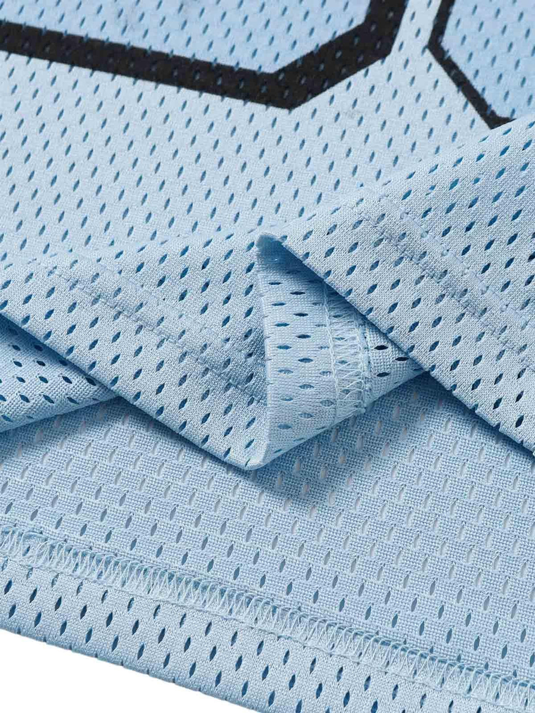 Detailed fabric and stitching of TALISHKO's light blue jersey V-neck T-shirt, showcasing texture.