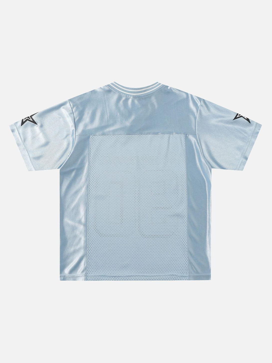 Back view of light blue jersey V-neck T-shirt by TALISHKO, featuring star details on sleeves.