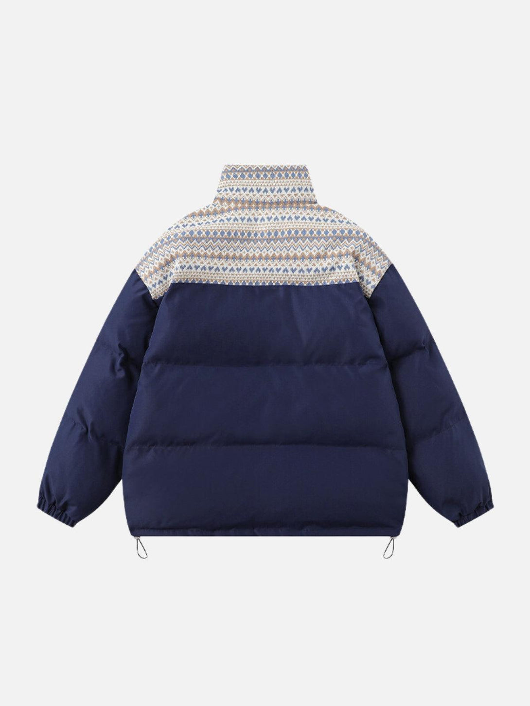 Back view of TALISHKO Nordic patterned winter coat in navy, highlighting intricate design.