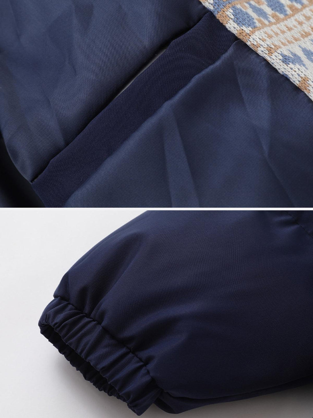 Detailed fabric and stitching of the TALISHKO Nordic patterned winter coat, focusing on sleeve design.